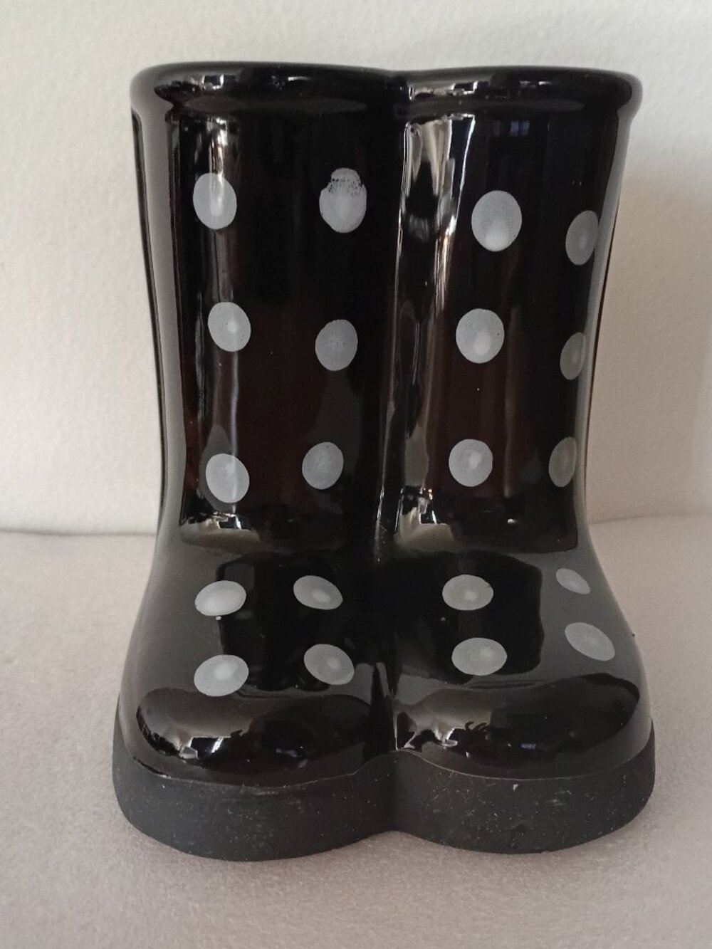 Ceramic Rain Boots Planter/Vase/Decor Black With White Polka Dots  NEW